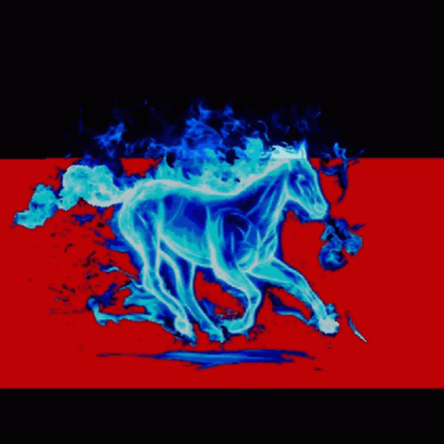 A Blue Horse With Flames Coming Out Of It 'S Back On A Red Background GIF