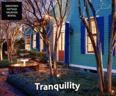A Blue House With Blue Shutters Is Advertised As A Tranquility Vacation Rental GIF