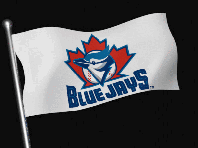 A Blue Jays Flag Waving In The Wind With A Black Background GIF