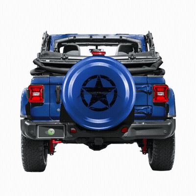 A Blue Jeep With A Black Star On The Tire GIF