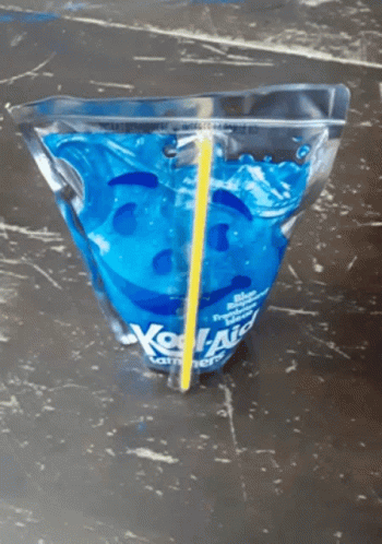 A Blue Kettle Corn Bag With A Yellow Straw In It GIF
