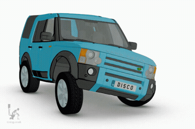 A Blue Land Rover With A License Plate That Reads Disco GIF