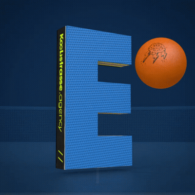 A Blue Letter E With An Orange Basketball On Top Of It GIF