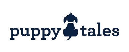 A Blue Logo For Puppy Tales With A Dog On It Sticker