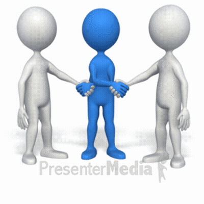 A Blue Man Shaking Hands With Two White People With Presentermedia Written Below Them GIF