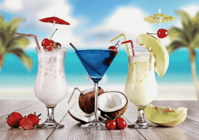 A Blue Martini With A Cherry On Top Sits Next To A White Milkshake GIF