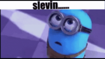 A Blue Minion With Glasses And The Word Slevin Written Above It GIF