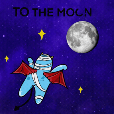 A Blue Monster With Red Wings Is Flying In The Night Sky With The Words To The Moon Below It GIF