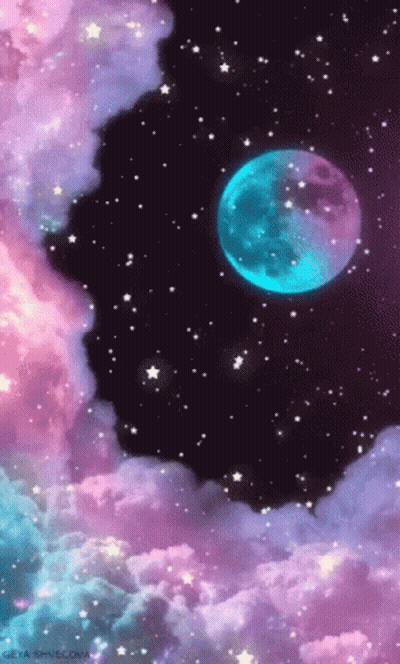A Blue Moon Is Surrounded By Pink And Purple Clouds In The Night Sky GIF