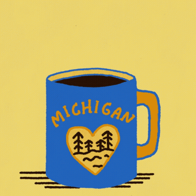 A Blue Mug That Says Michigan With A Heart And Trees On It GIF