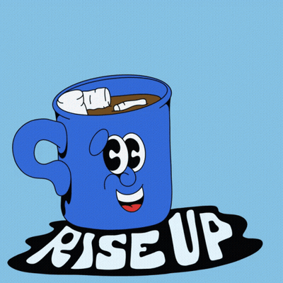 A Blue Mug With A Face And The Words Rise Up On It GIF