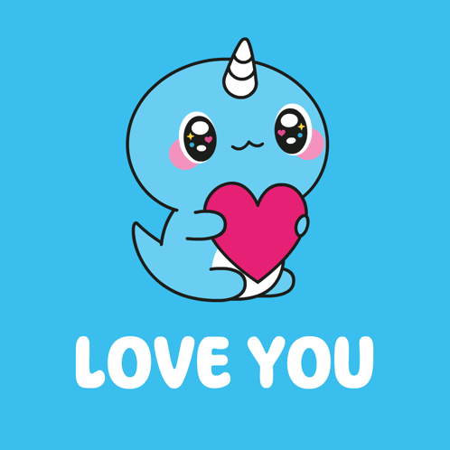 A Blue Narwhal Holding A Pink Heart With The Words Love You Underneath GIF