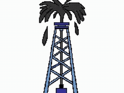 A Blue Oil Rig With A Palm Tree On Top Of It GIF