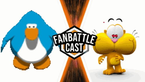 A Blue Penguin And A Yellow Cat Are Standing Next To Each Other In Front Of A Fan Battle Cast Logo GIF