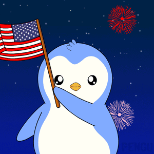 A Blue Penguin Holding An American Flag In Front Of Fireworks GIF