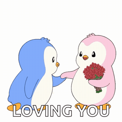 A Blue Penguin Is Giving A Pink Penguin A Bouquet Of Red Roses With The Words Loving You Behind Them GIF