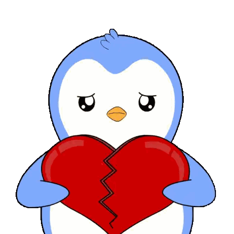A Blue Penguin Is Holding A Broken Red Heart Sticker