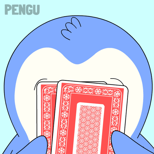 A Blue Penguin Is Holding Two Red Playing Cards With The Word Pengu On The Bottom GIF