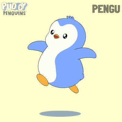 A Blue Penguin Is Jumping In The Air With The Word Pengu Behind It GIF