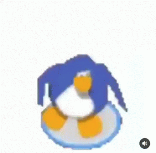 A Blue Penguin Is Riding A Surfboard On Top Of A Snowy Surface . GIF