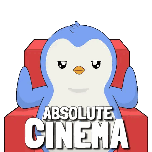 A Blue Penguin Sits On A Red Couch With The Words Absolute Cinema Behind It Sticker