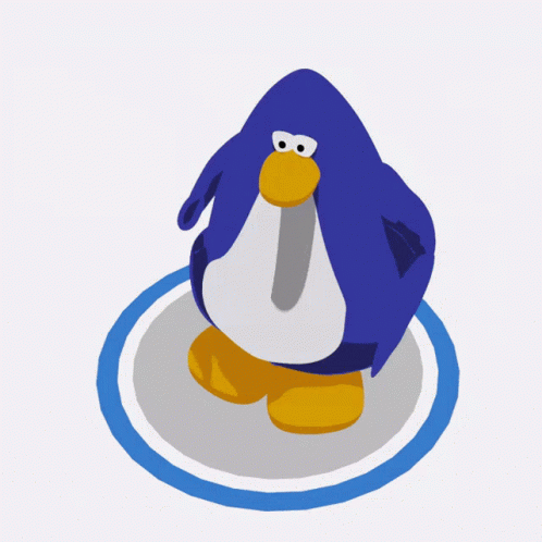 A Blue Penguin Standing On A Blue And White Circle GIF