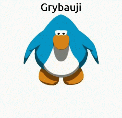 A Blue Penguin With An Orange Beak Is Dancing With The Word Grybauji Above It . GIF