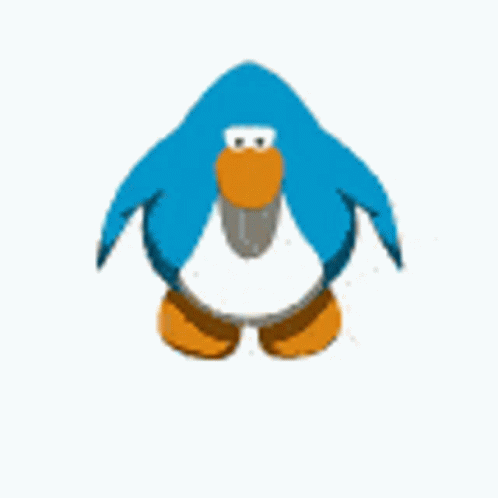A Blue Penguin With An Orange Beak Is Standing On A White Surface . GIF