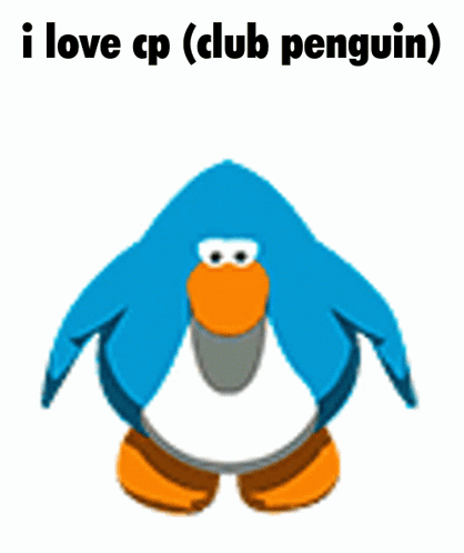 A Blue Penguin With The Words " I Love Cp ( Club Penguin ) " Behind It GIF