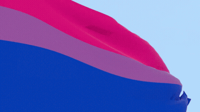 A Blue Pink And Purple Flag With A Blue Sky In The Background GIF