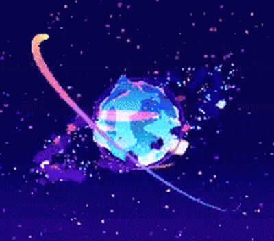 A Blue Planet With A Yellow Ring Around It In Outer Space GIF