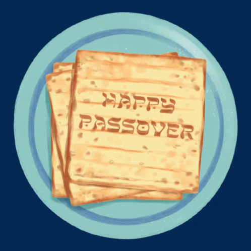 A Blue Plate With A Piece Of Matzo That Says Happy Passover On It GIF