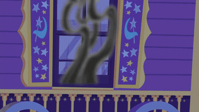 A Blue Pony Wearing A Hat With Stars On It Looks Out Of A Window GIF