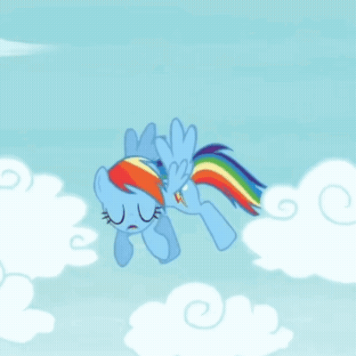 A Blue Pony With A Rainbow Mane And Tail Is Flying Through The Air GIF