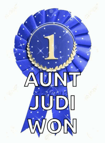 A Blue Ribbon With The Words Aunt Judi Won Written On It GIF