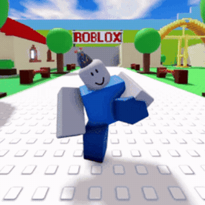 A Blue Roblox Character Is Dancing In Front Of A Green Roblox Sign GIF