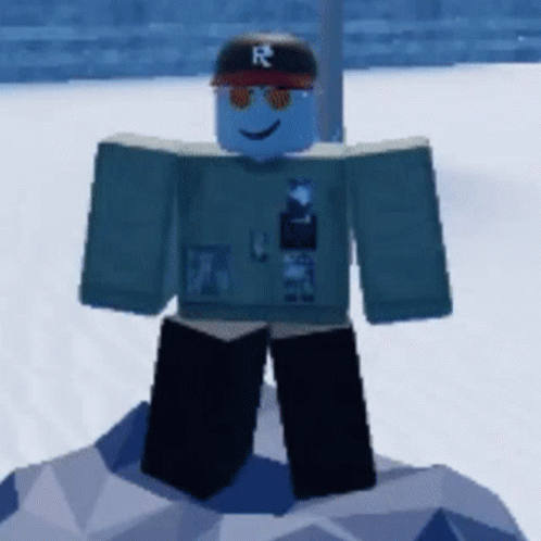 A Blue Roblox Character Wearing A Baseball Cap And Sunglasses Is Standing On A Snowy Surface . GIF