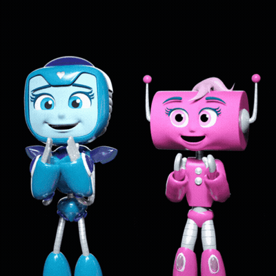 A Blue Robot And A Pink Robot Standing Next To Each Other On A Black Background GIF