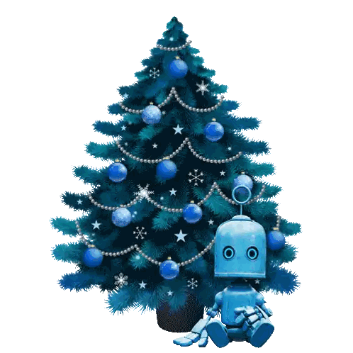A Blue Robot Sits In Front Of A Blue Decorated Christmas Tree Sticker