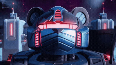 A Blue Robot With A Red Light On It 'S Face And The Words Party On The Bottom GIF