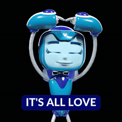 A Blue Robot With A Sign That Says It 'S All Love On It GIF