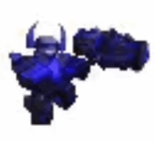 A Blue Robot With Horns Is Holding A Gun In A Video Game . GIF