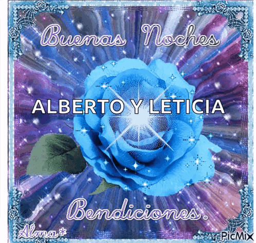 A Blue Rose On A Purple Background With The Words Buenas Noches Alberto Y Leticia GIF