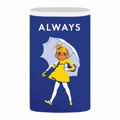 A Blue Salty Can With A Girl Holding A White Umbrella GIF