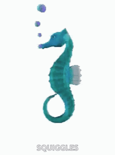 A Blue Seahorse Is Swimming In The Water With Bubbles Coming Out Of Its Mouth . GIF