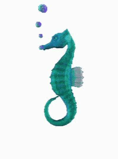 A Blue Seahorse With Two Purple Bubbles Coming Out Of It 'S Mouth GIF