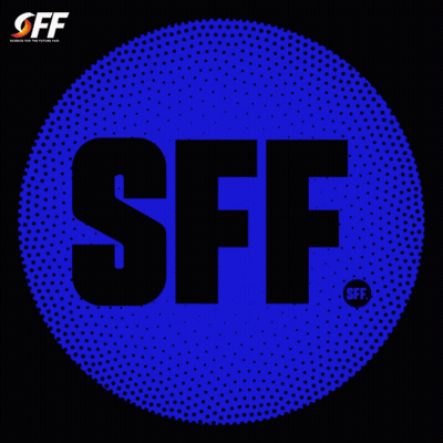 A Blue Sff Logo With A Black Circle Around It GIF