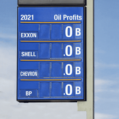 A Blue Sign That Says ' Oil Profits .0B ' On It GIF
