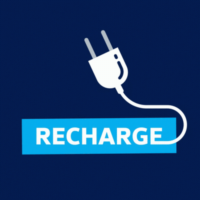 A Blue Sign That Says Recharge With A Plug On It GIF
