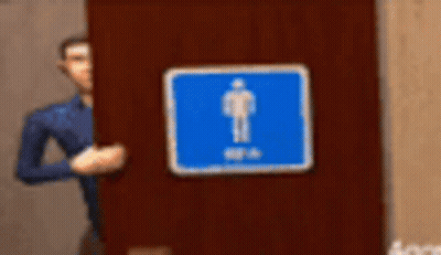 A Blue Sign With A Man On It On A Brown Door GIF